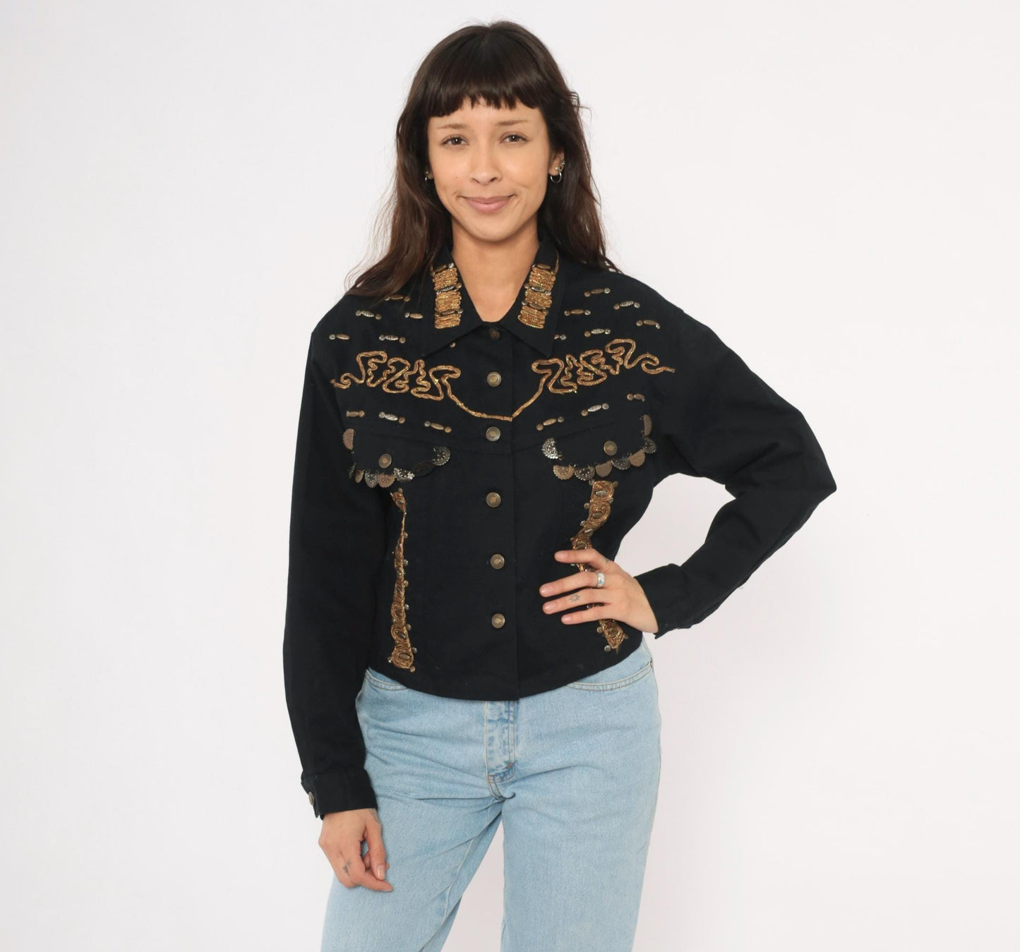 90s Styleworks Black Denim Jacket Gold Coin Charm Embroidered Cropped Large L
