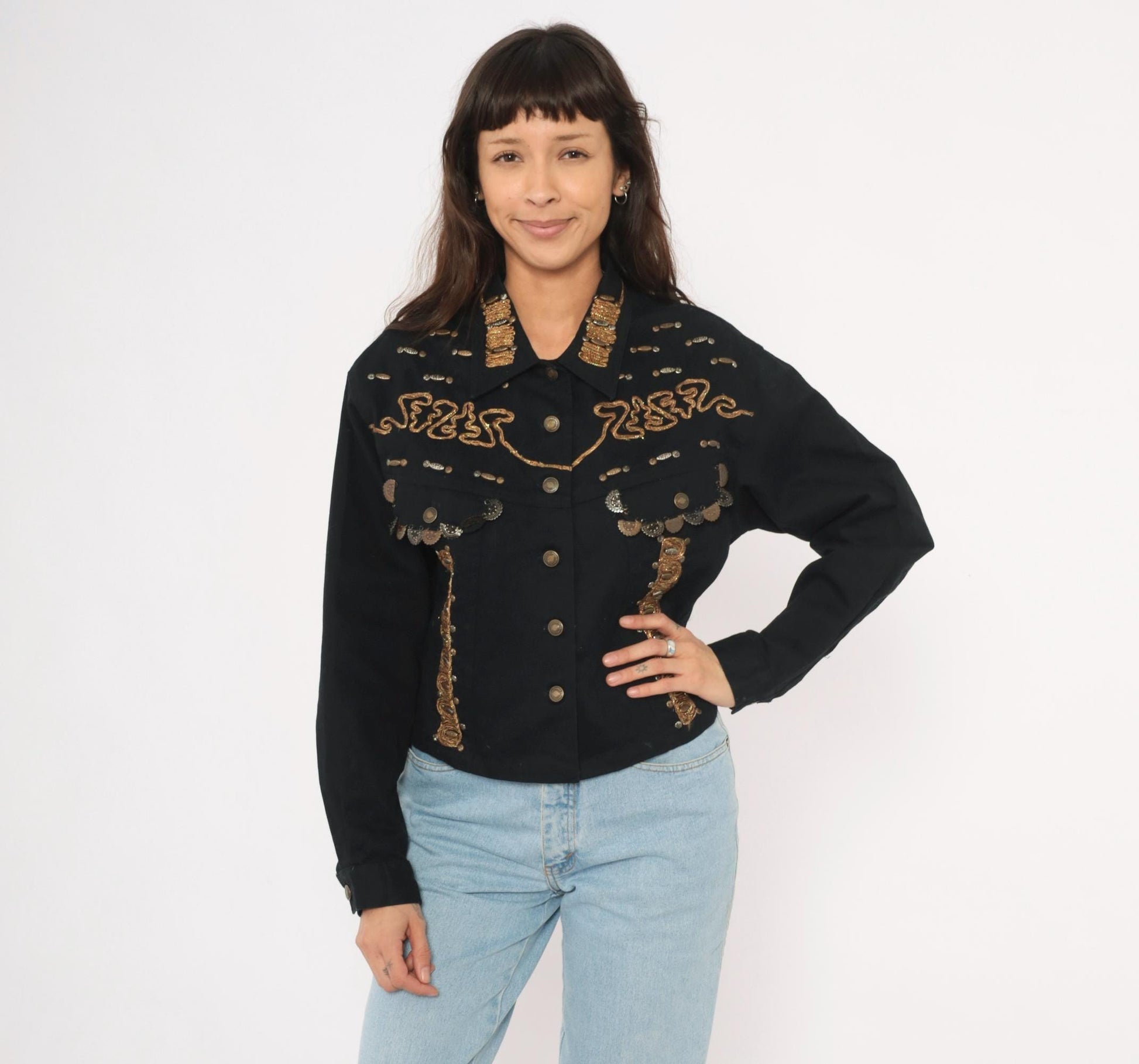 90s Styleworks Black Denim Jacket Gold Coin Charm Embroidered Cropped Large L
