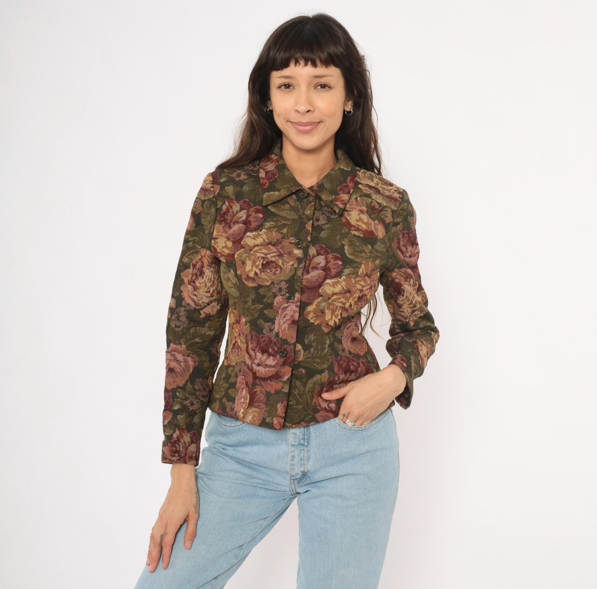 90s Jessica Howard Floral Tapestry Blazer Olive Burgundy Fitted XS