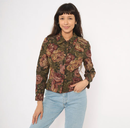 90s Jessica Howard Floral Tapestry Blazer Olive Burgundy Fitted XS