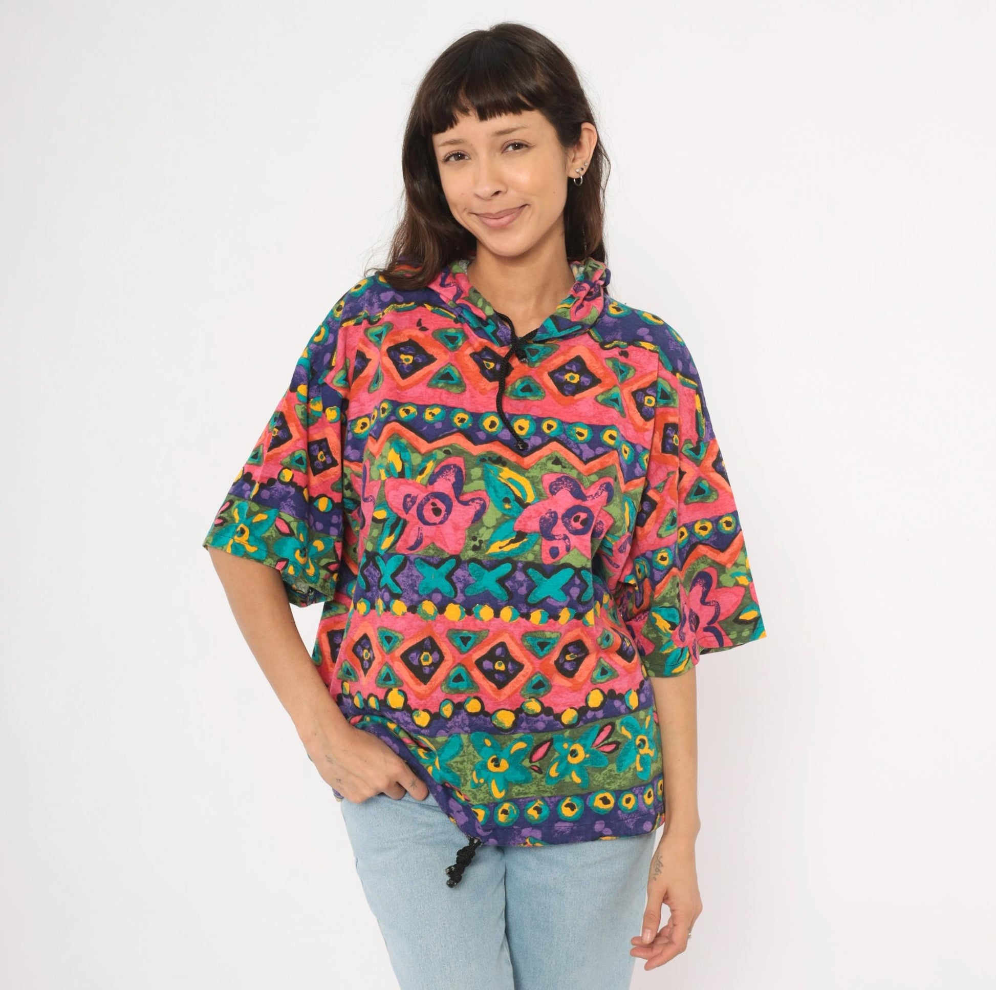90s Lady John Tribal Hoodie Pink Teal Purple Geometric Floral Pullover One Size