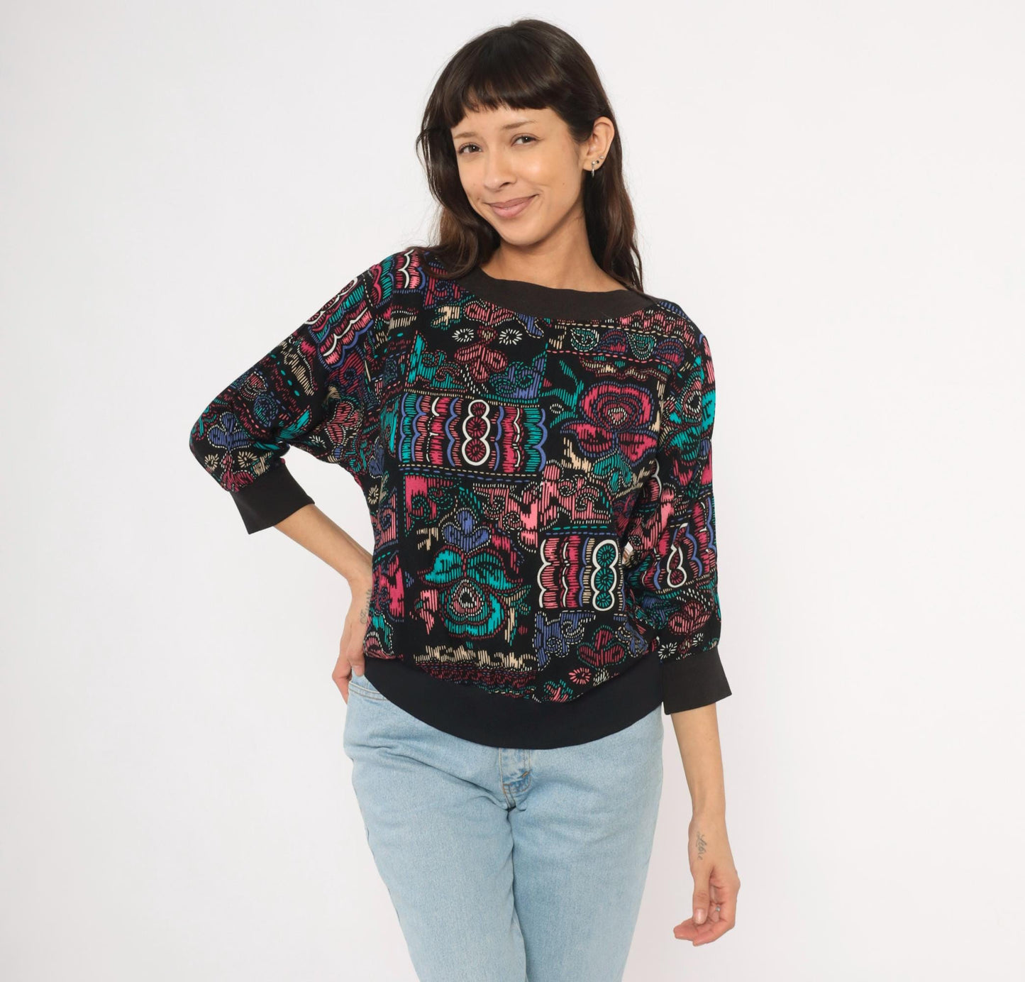 90s Abstract Pullover Blouse Boat Neck Teal Pink Black Graphic Medium M