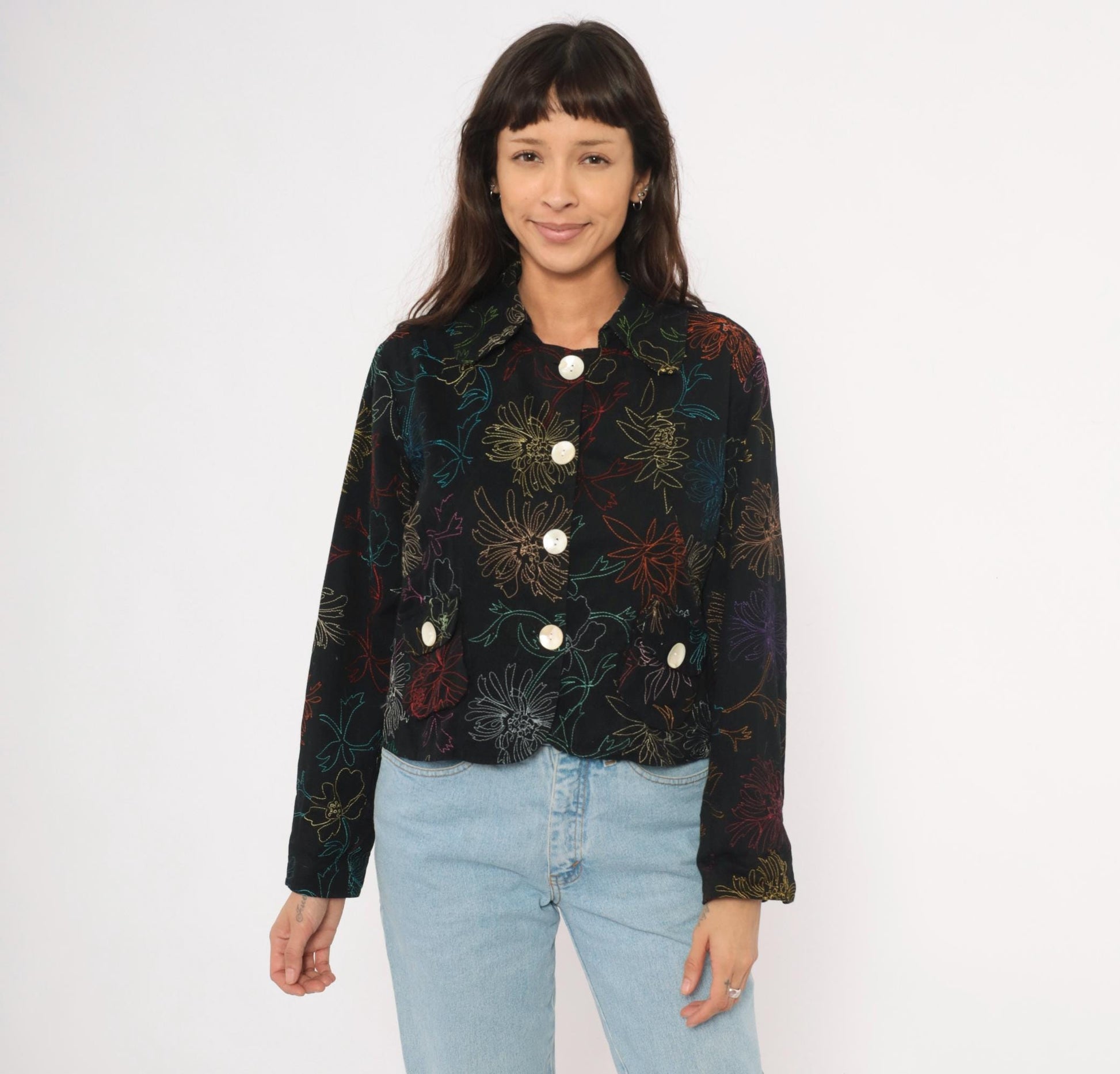 2000s Alex Kim Black Cropped Jacket Multicolor Floral Embroidery Large L