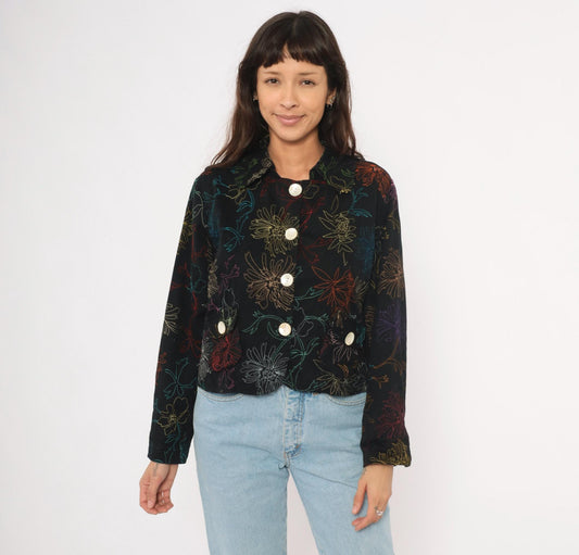 2000s Alex Kim Black Cropped Jacket Multicolor Floral Embroidery Large L