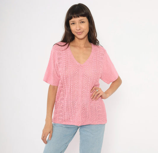 90s Jaclyn Smith Pink Crochet Cardigan V-Neck Scalloped Hem Large L