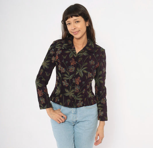 90s Jessica Howard Floral Tapestry Blazer Plum Botanical Woven Cropped Small S