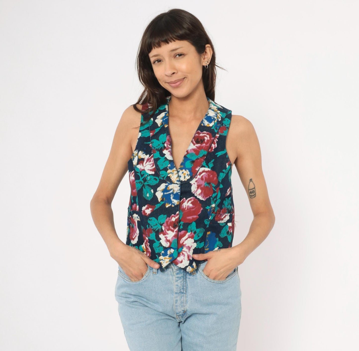 90s Tru-West Floral Denim Vest Navy Rose Teal V-Neck Pointed Hem Extra Small XS