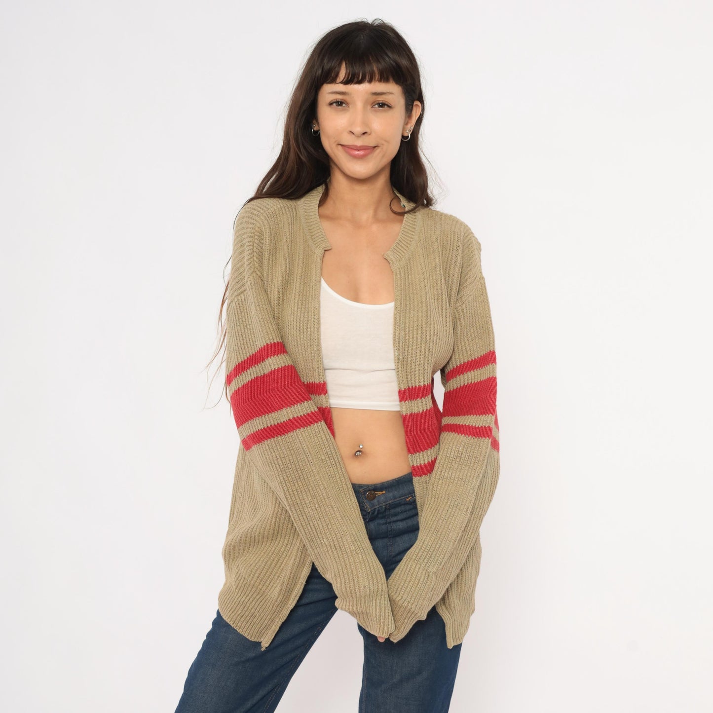 90s GAP Striped Cardigan Tan Red Ribbed Knit Open Front Medium M