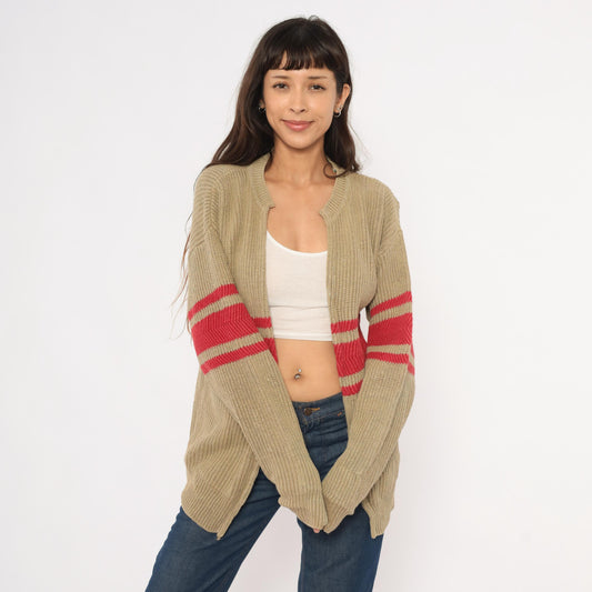 90s GAP Striped Cardigan Tan Red Ribbed Knit Open Front Medium M