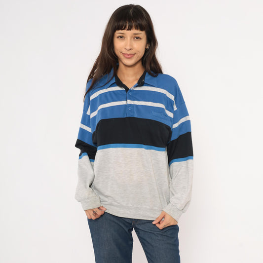 80s Knightsbridge Color Block Polo Sweatshirt Blue Striped Grey Small