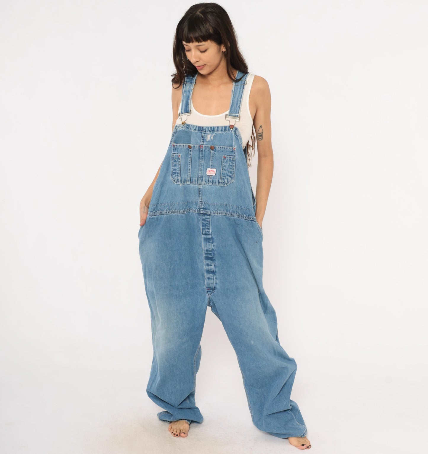 90s Light Wash Denim Bib Overalls Baggy Carpenter Distressed Plus Size XXL