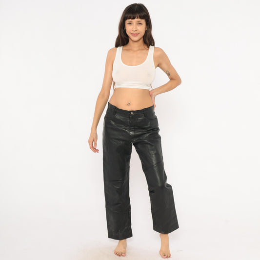 90s Berman's Black Leather Pants Straight Leg Moto Paneled Medium M