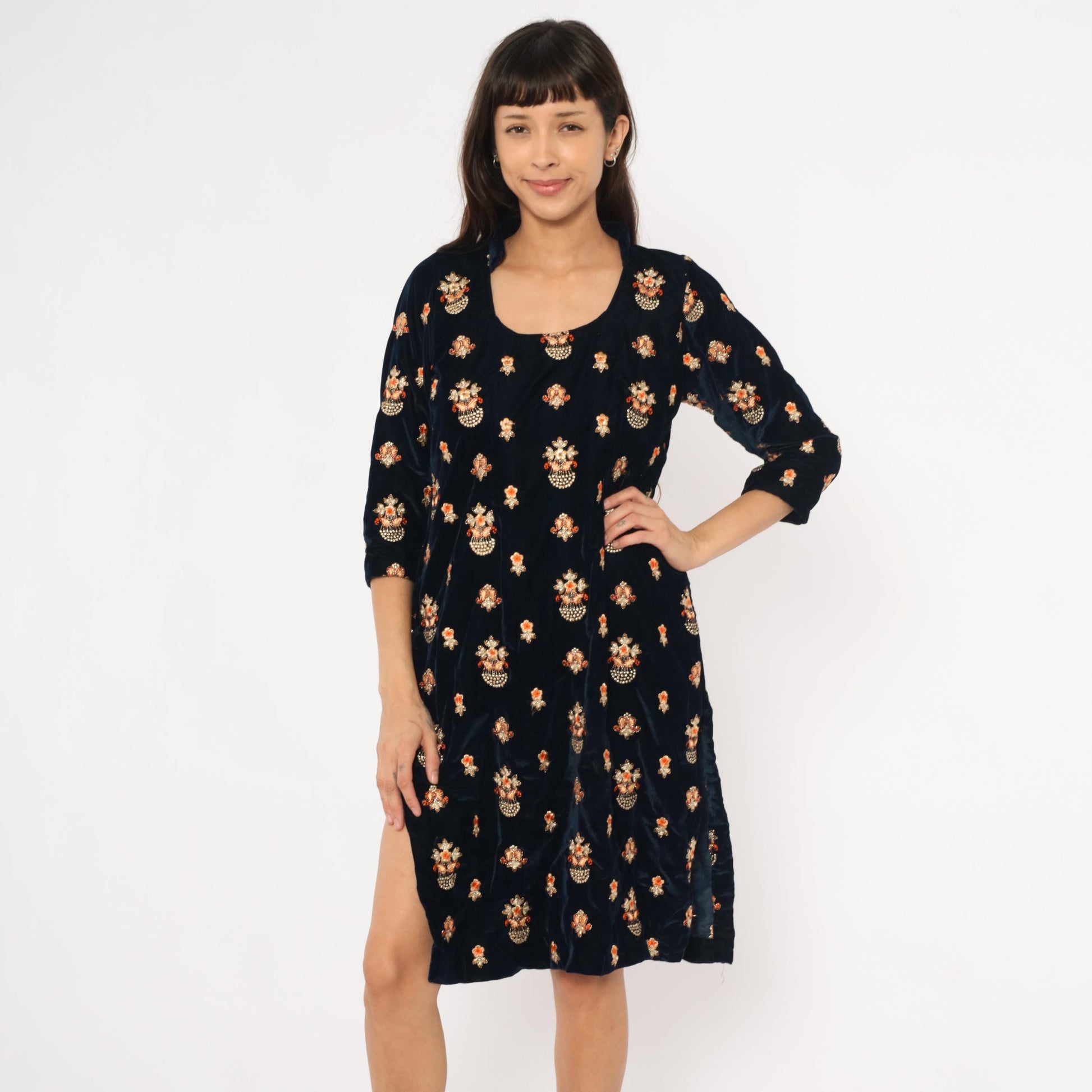 90s Navy Velvet Shift Dress Embroidered Floral Beaded Gold Orange Medium