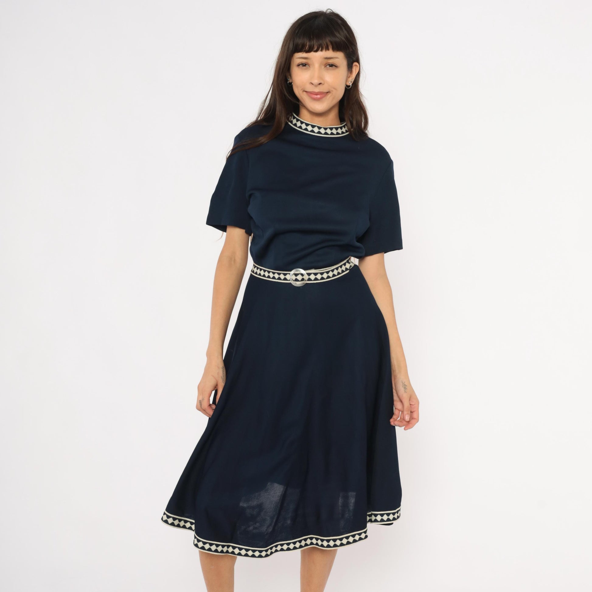 60s Marta D Navy A-Line Dress Cream Diamond Trim Belted Midi Large L