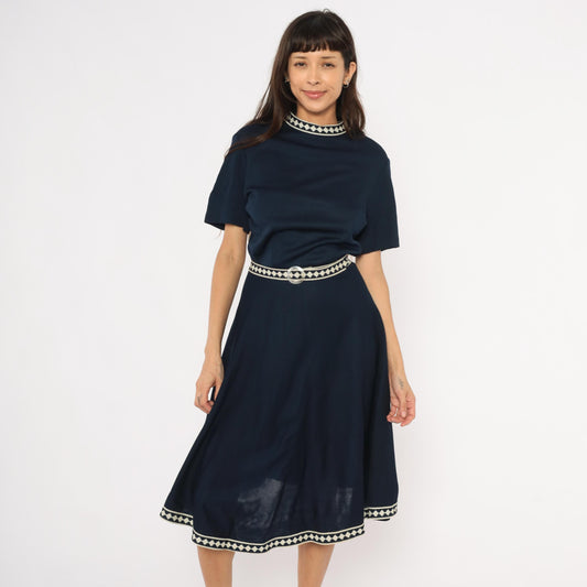 60s Marta D Navy A-Line Dress Cream Diamond Trim Belted Midi Large L