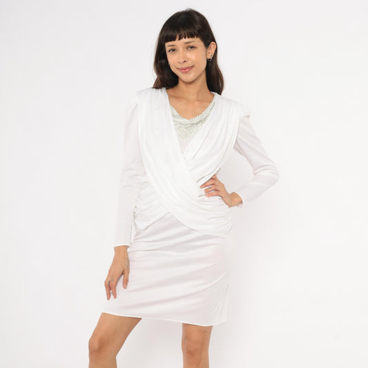 80s White Draped Crossover Dress Silver Beaded Neckline Ruched Bodice Small S