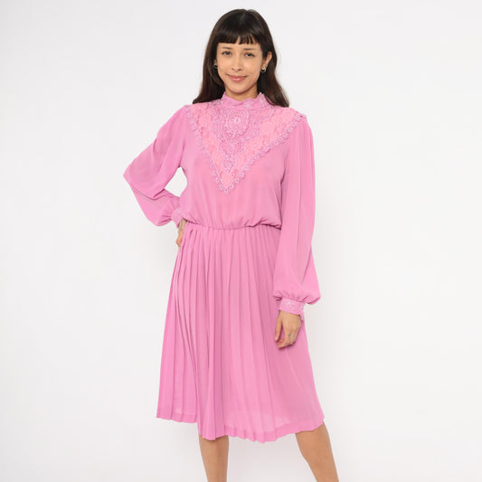 80s Rimini Pink Lace Bib Dress Bishop Sleeve Pleated Skirt Small Medium