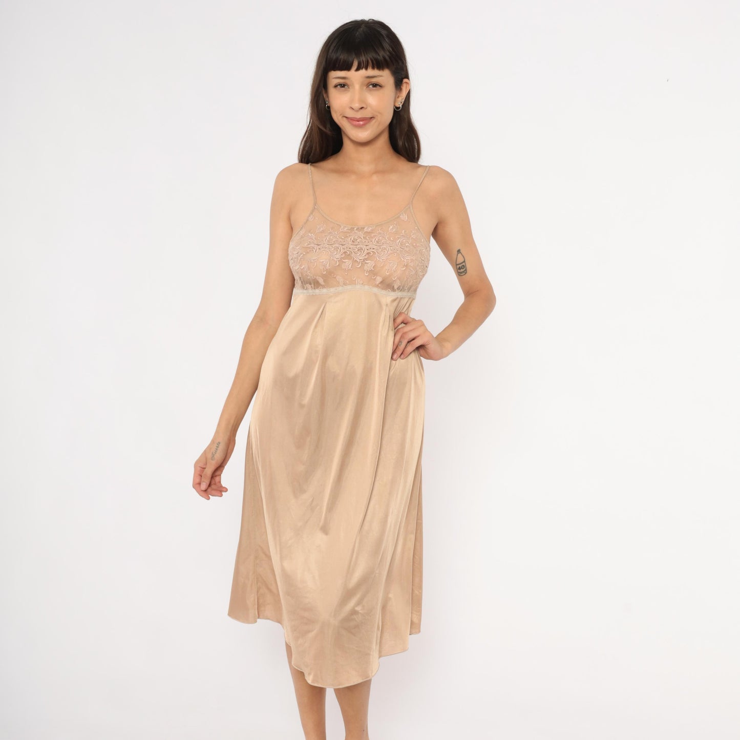 80s Bonny Nude Lace Slip Dress Champagne Satin Midi Empire Waist Small