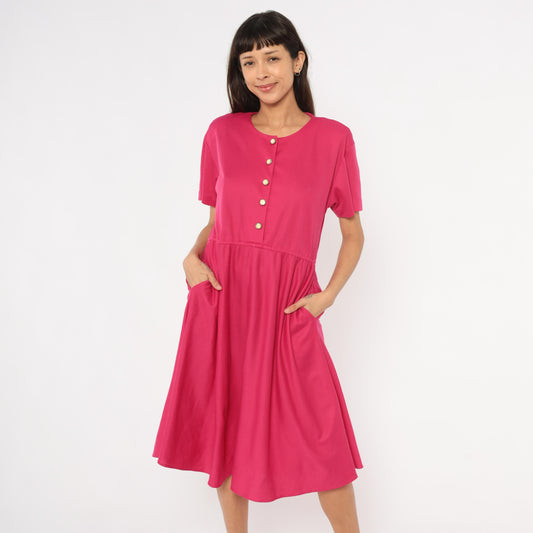 80s Fuchsia Button-Front Midi Dress Gold Buttons Gathered Waist Small