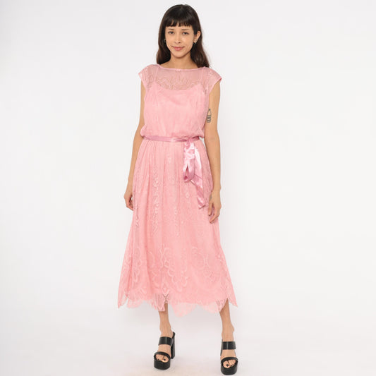 80s Rose Pink Lace Midi Dress Cap Sleeve Scalloped Hem Small S