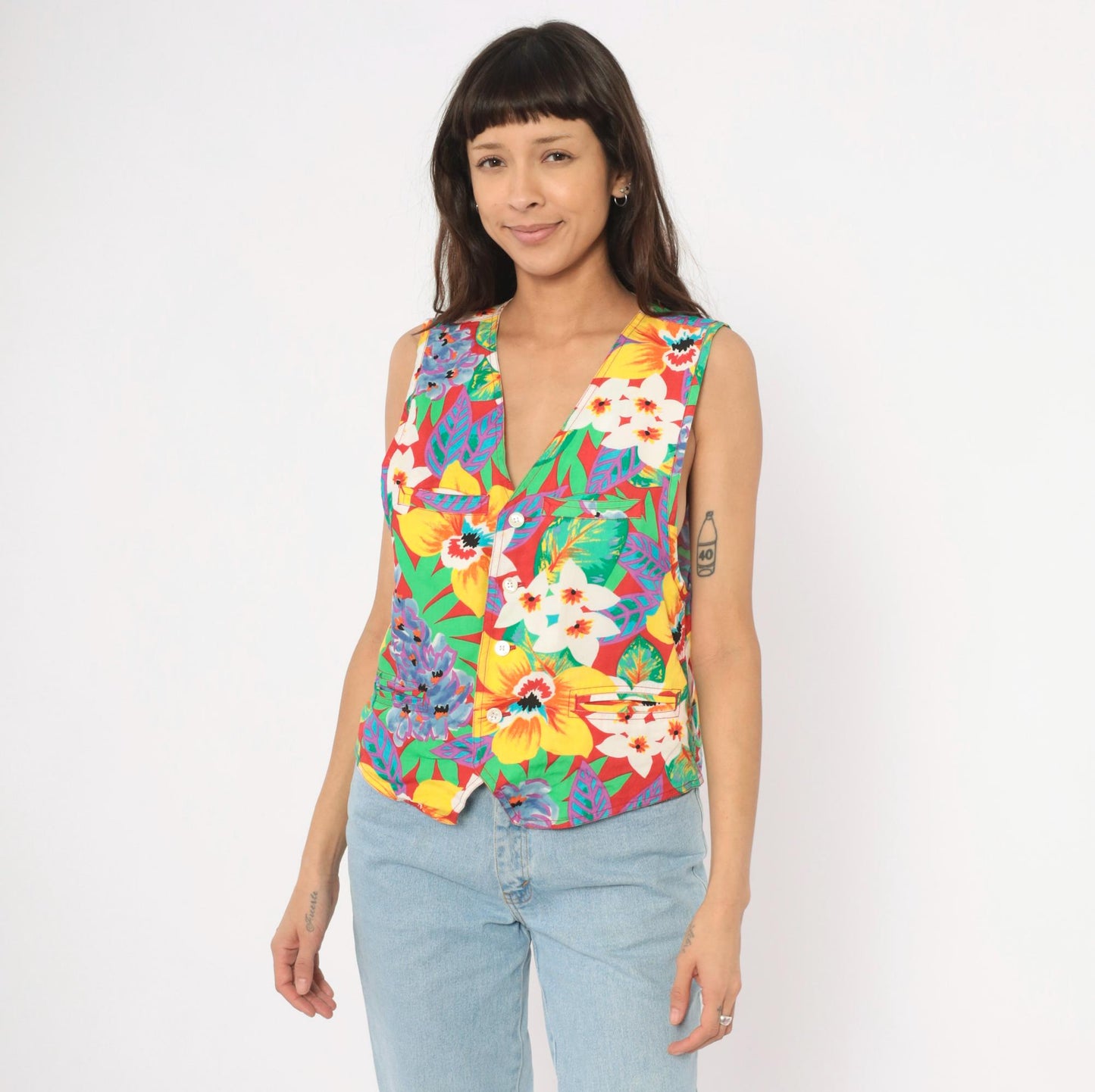 90s Lizwear Tropical Floral Vest Red Hibiscus Button Front V-Neck Medium M