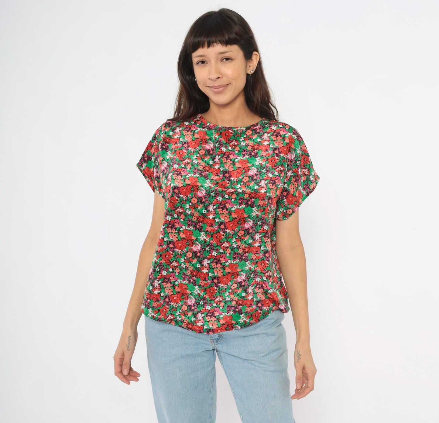 90s Jennifer Lloyd Floral Blouse Red Green Garden Print Cap Sleeve Medium