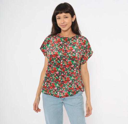 90s Jennifer Lloyd Floral Blouse Red Green Garden Print Cap Sleeve Medium