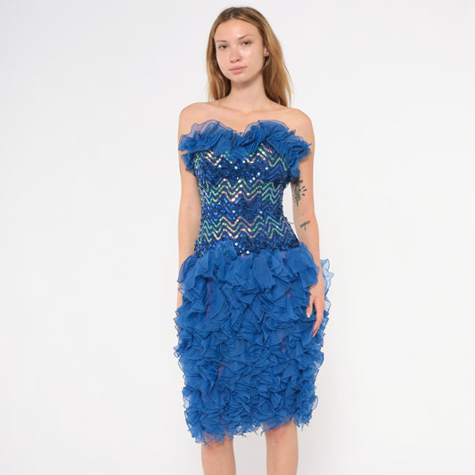 80s Cobalt Sequin Strapless Dress Chevron Sweetheart Corset Ruffle Extra Small XS