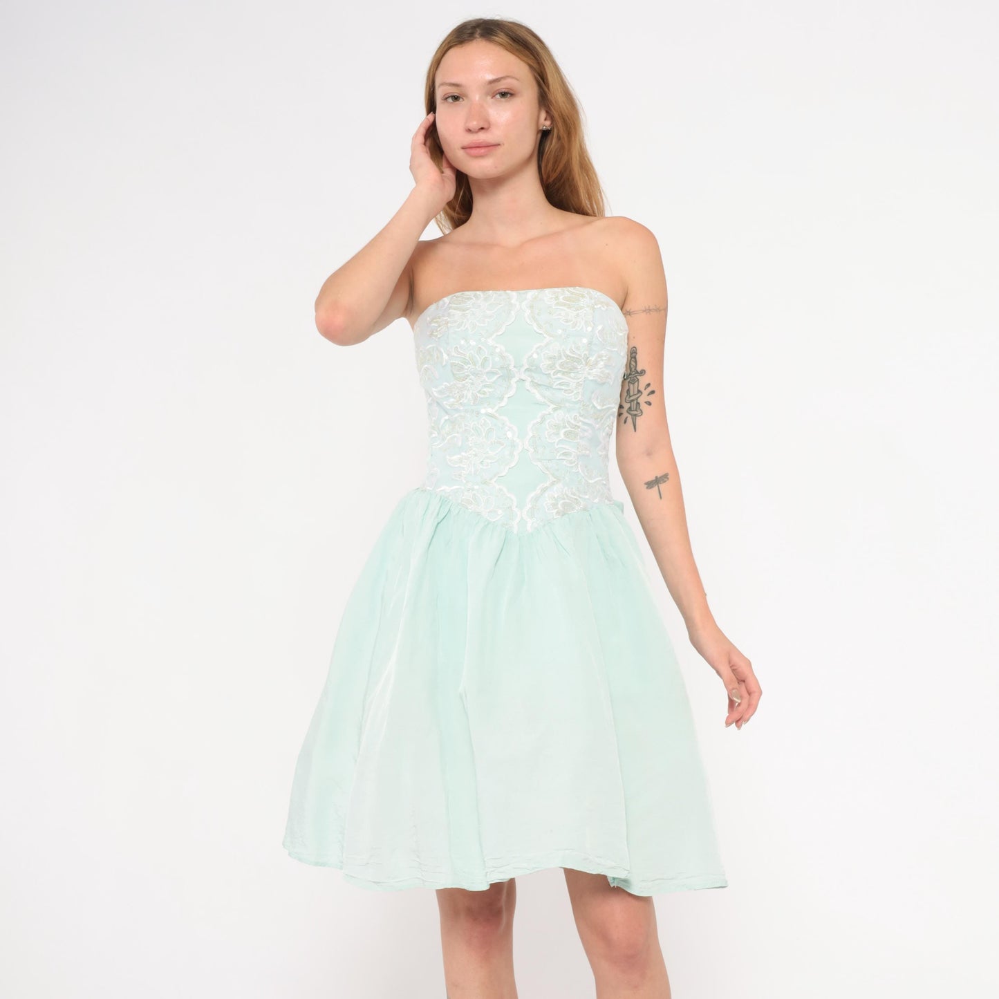 Gunne Sax 80s Mint Strapless Dress Sequin Lace Sweetheart Neckline Knee Length Extra Small XS