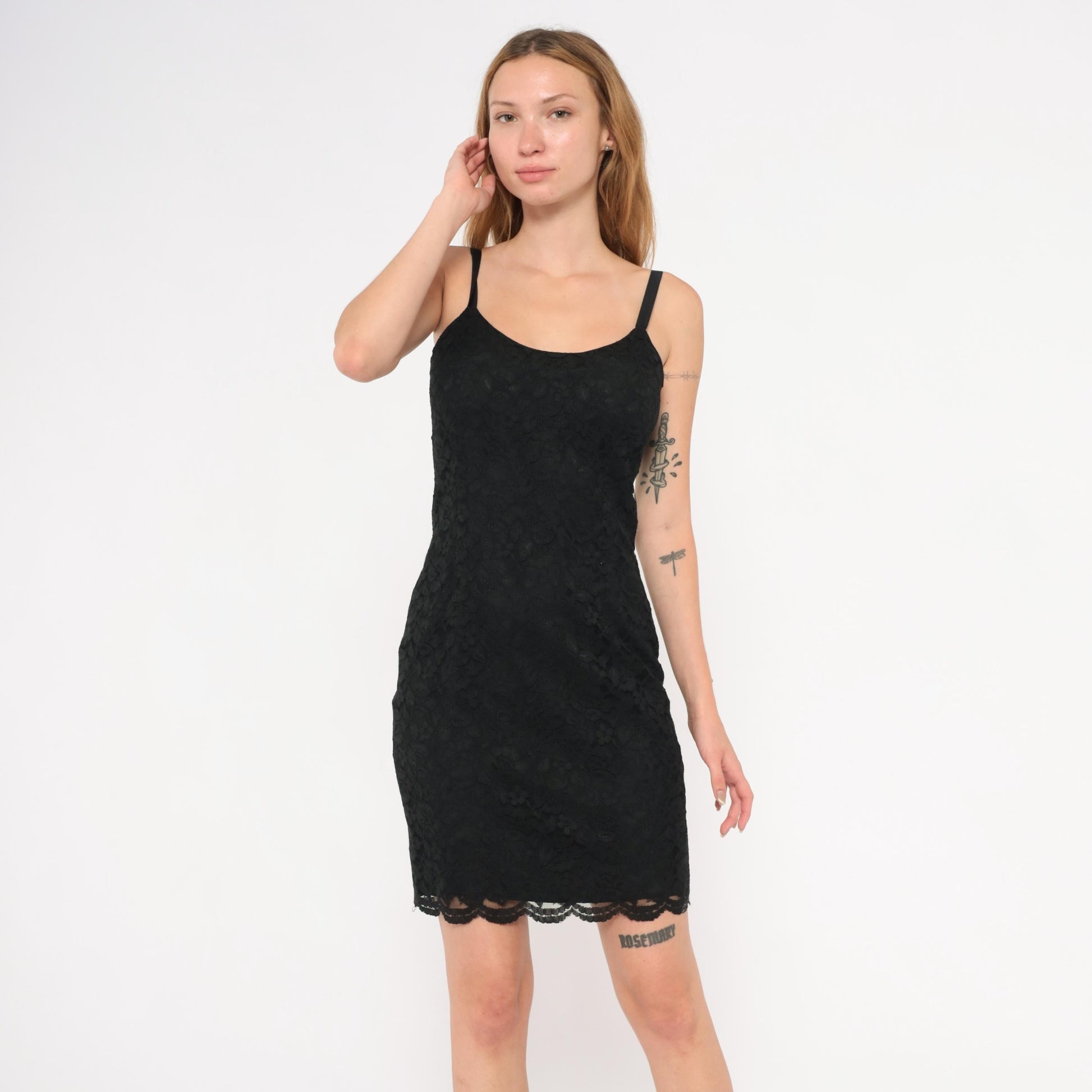 90s Julie Laurie Black Lace Slip Dress Scalloped Hem Spaghetti Strap Extra Small XS