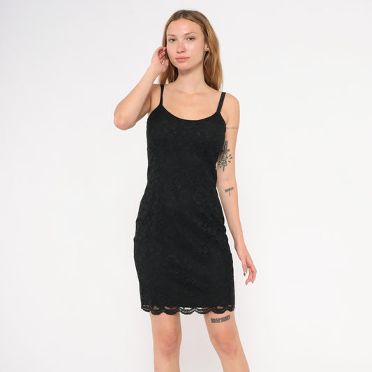 90s Julie Laurie Black Lace Slip Dress Scalloped Hem Spaghetti Strap Extra Small XS