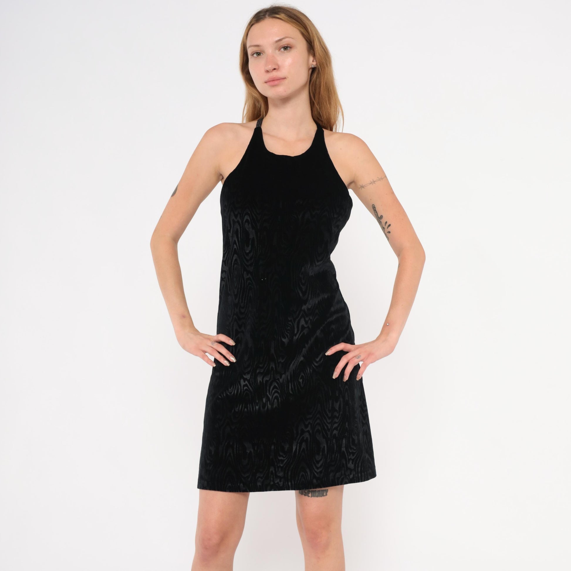 90s Mimosa Black Velvet Halter Mini Dress Swirl Pattern Small
