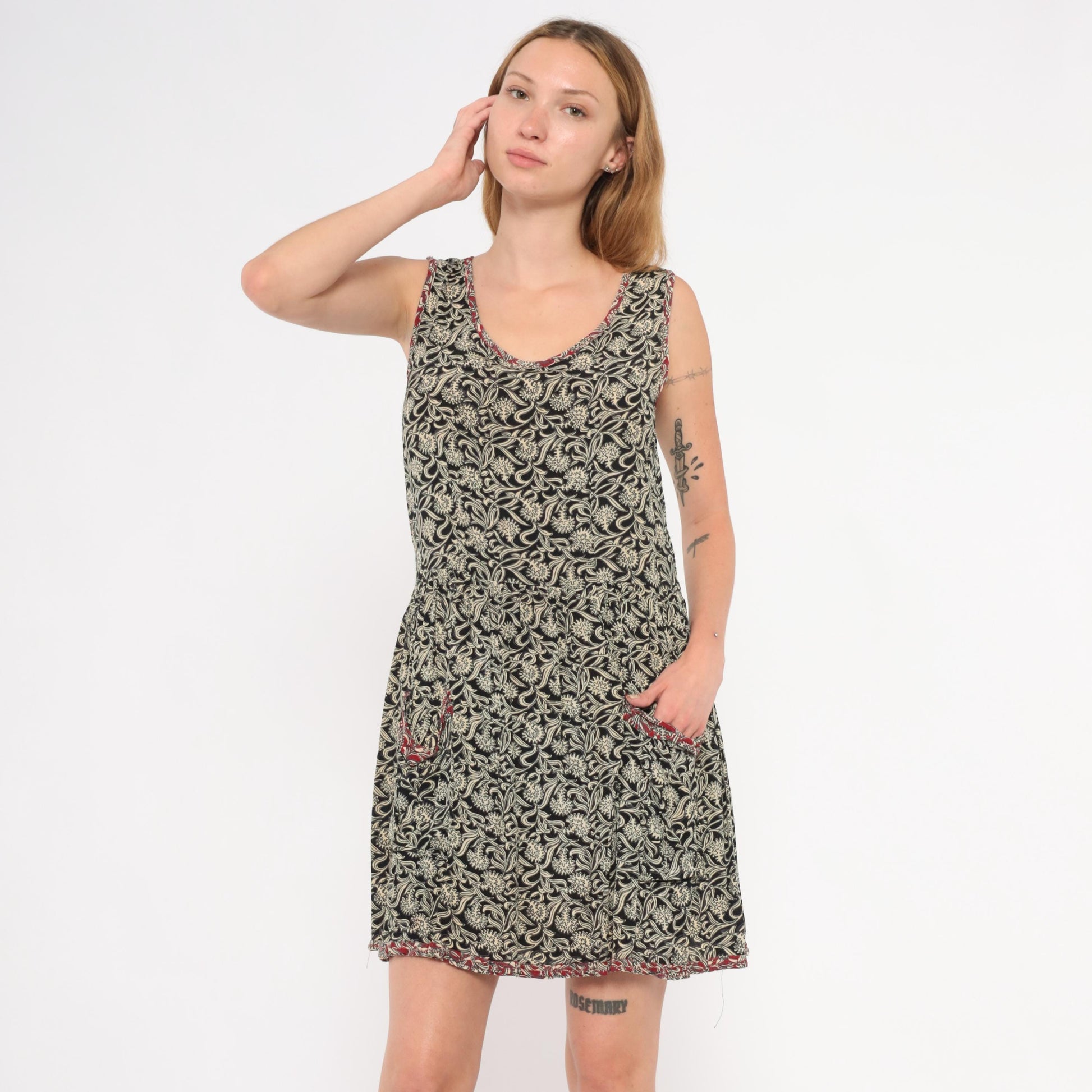 90s Black Floral Tank Dress Mini Red Trim Patch Pockets Small S