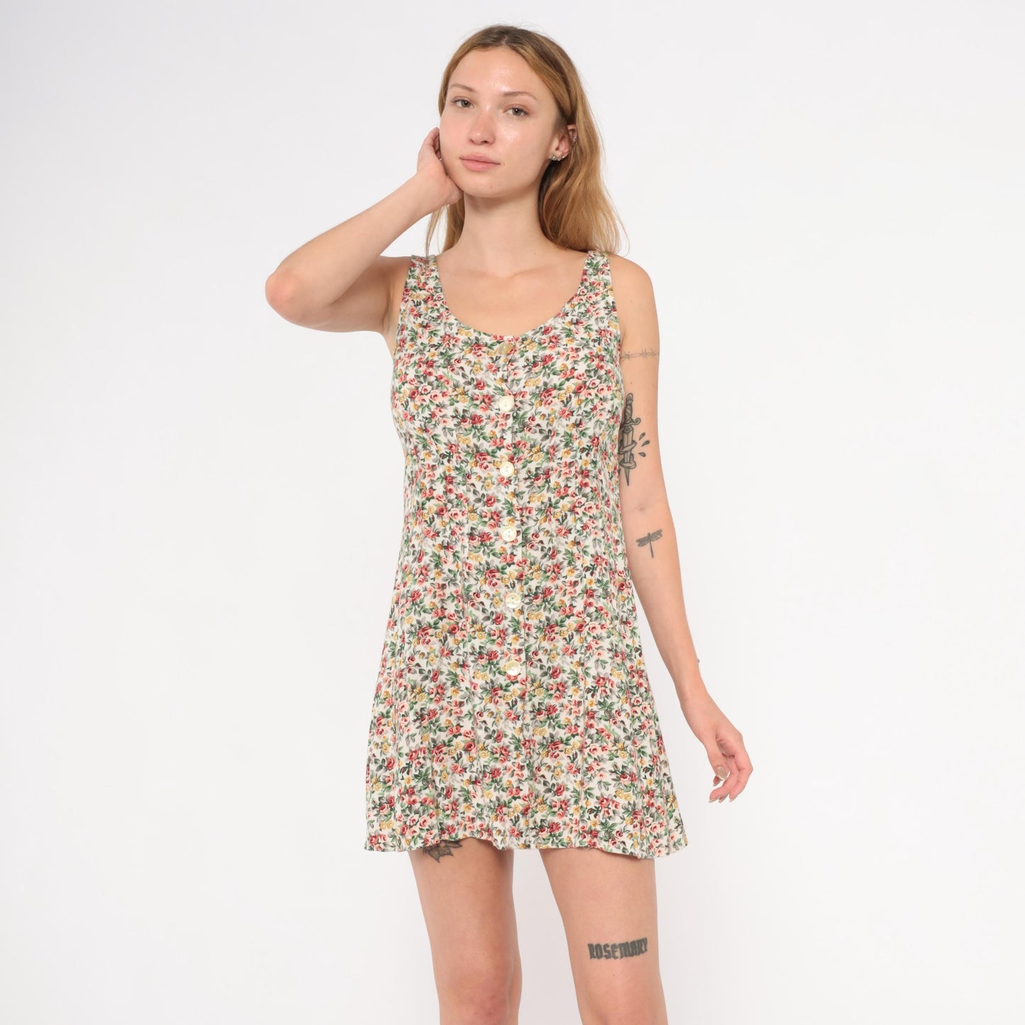 90s ViaMax Floral Mini Dress Button Front Tank Cream Rose Print Small S