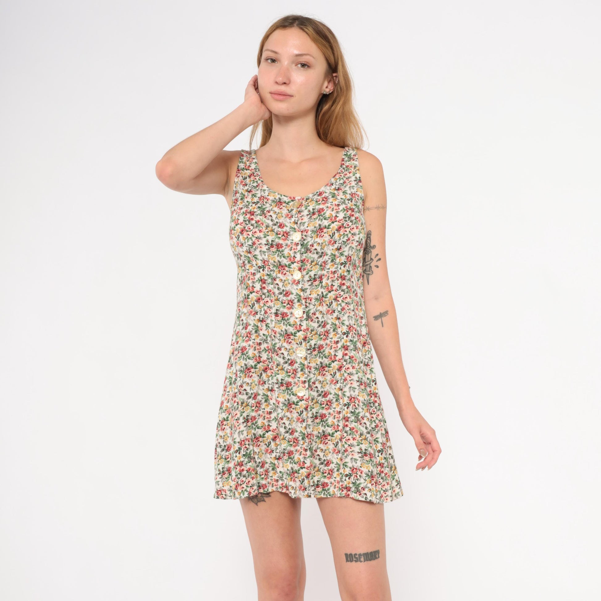 90s ViaMax Floral Mini Dress Button Front Tank Cream Rose Print Small S