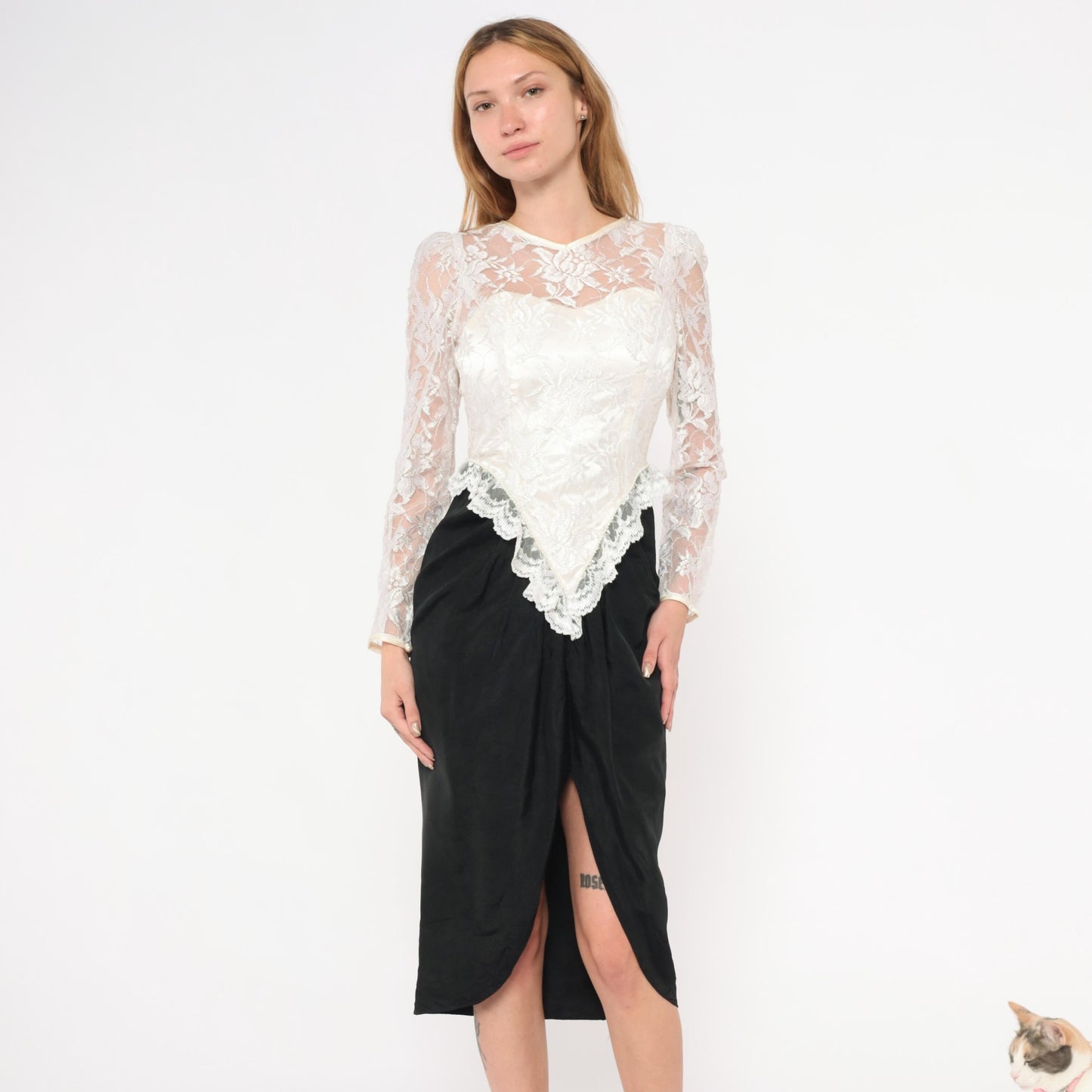 90s Black Ivory Lace Sweetheart Midi Dress Sheer Bustle Satin Pencil Skirt XS