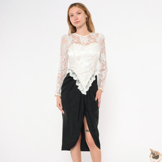 90s Black Ivory Lace Sweetheart Midi Dress Sheer Bustle Satin Pencil Skirt XS