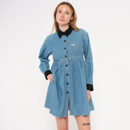 90s Forewarned Jeans Denim Babydoll Dress Black Velvet Collar Mini Small S