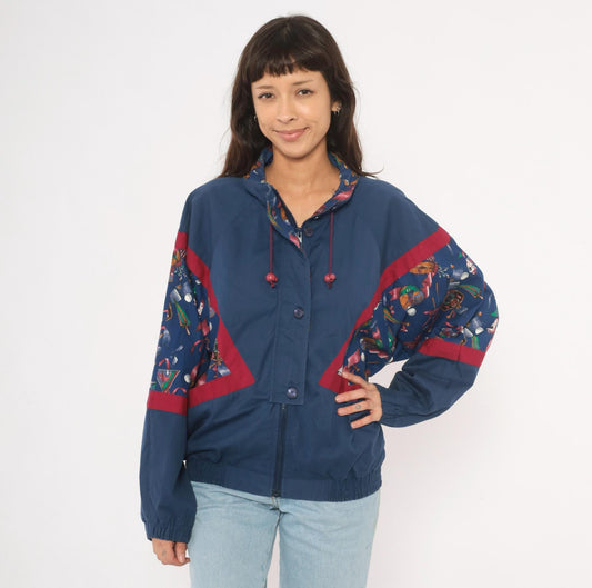 90s Line-Up Golf Print Windbreaker Navy Nylon Jacket Red Color Block Medium