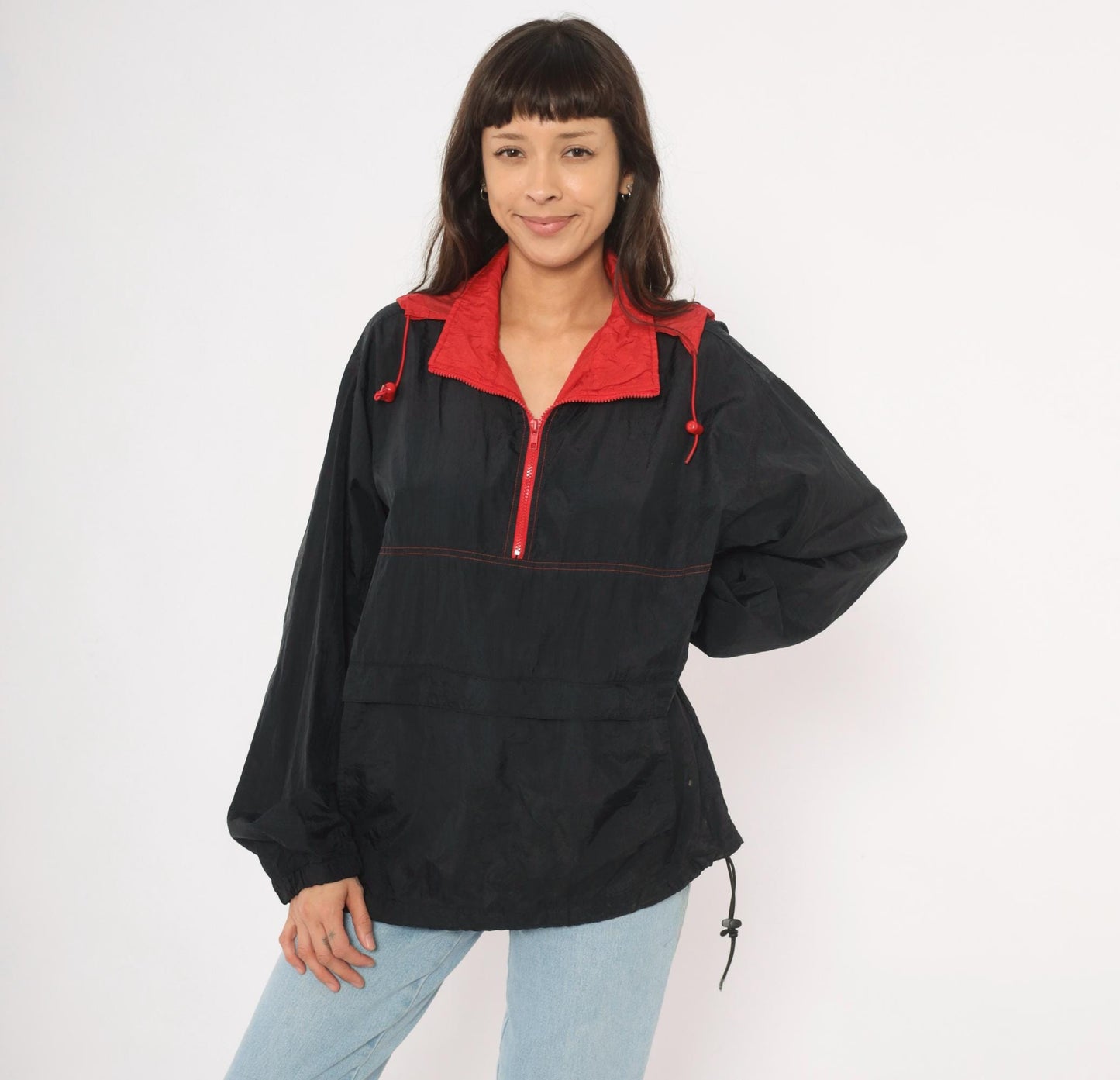 90s Black Red Colorblock Anorak Windbreaker Pullover Jacket Medium M