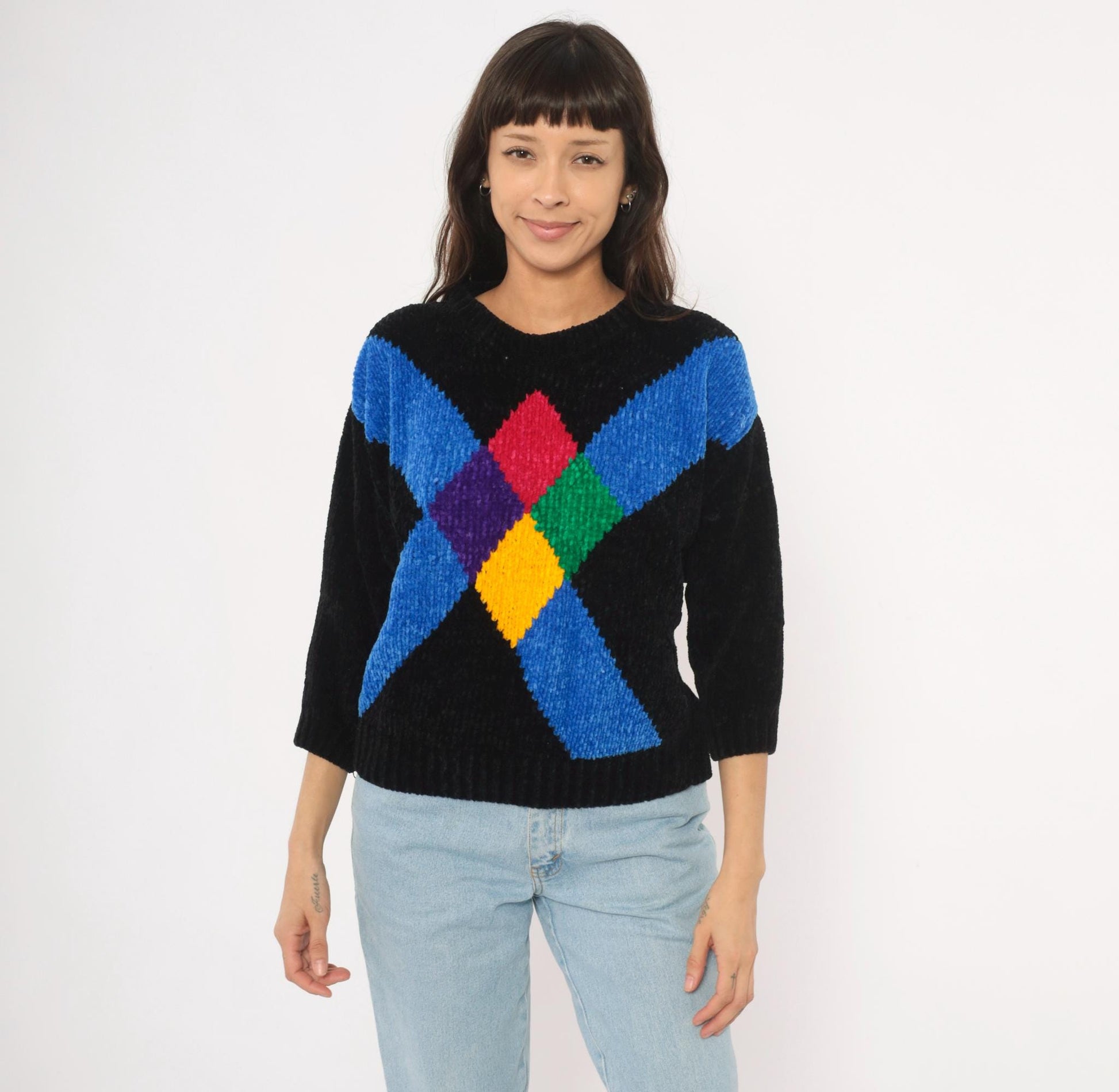 80s Cristina's Argyle Chenille Knit Pullover Black Multicolor Small