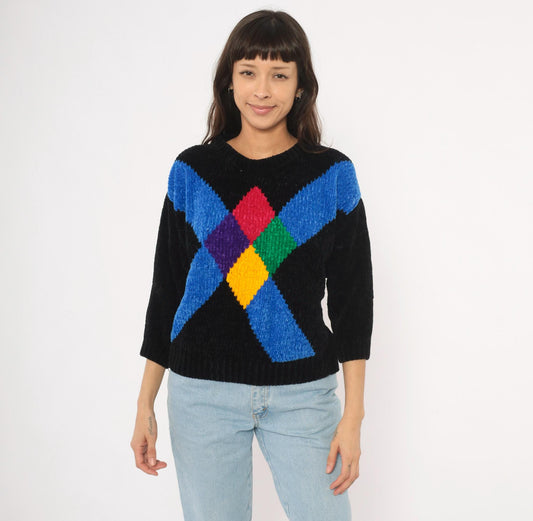 80s Cristina's Argyle Chenille Knit Pullover Black Multicolor Small