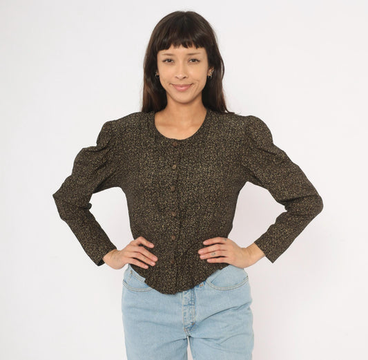 90s Maggie Lawrence Black Gold Ditsy Floral Puff Sleeve Blouse Small S