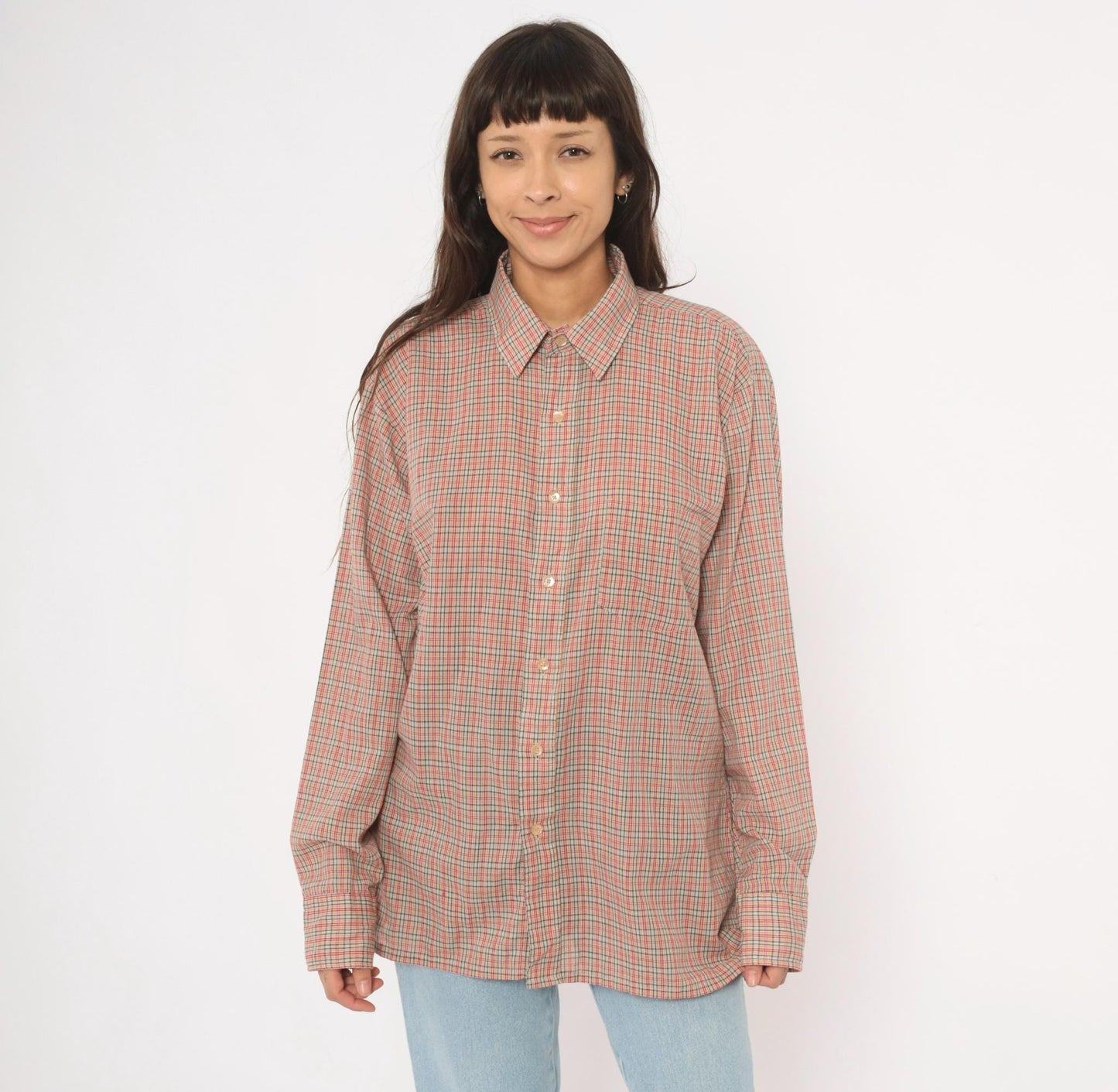 90s Plaid Button-Up Shirt Red Green Tan Check Cotton Point Collar Medium M