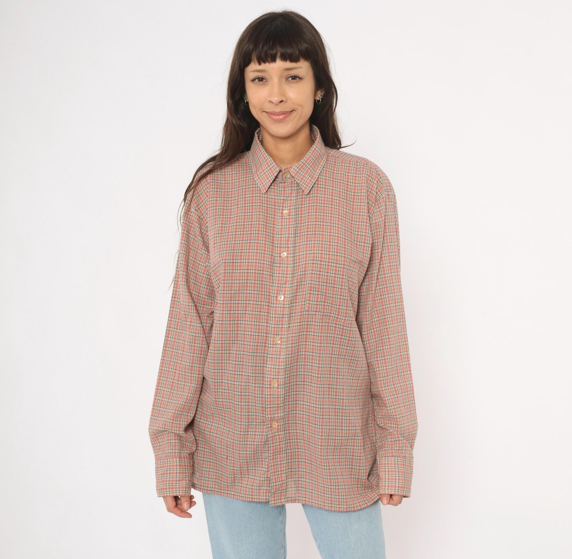 90s Plaid Button-Up Shirt Red Green Tan Check Cotton Point Collar Medium M