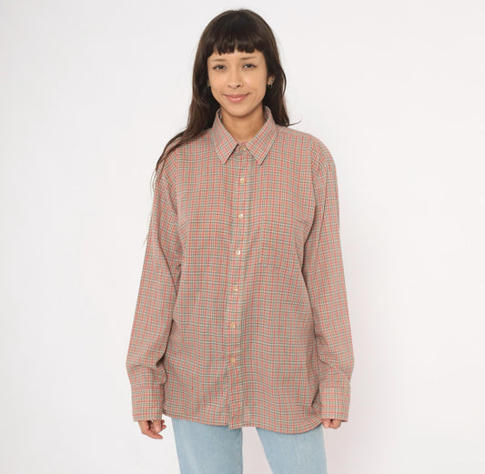 90s Plaid Button-Up Shirt Red Green Tan Check Cotton Point Collar Medium M