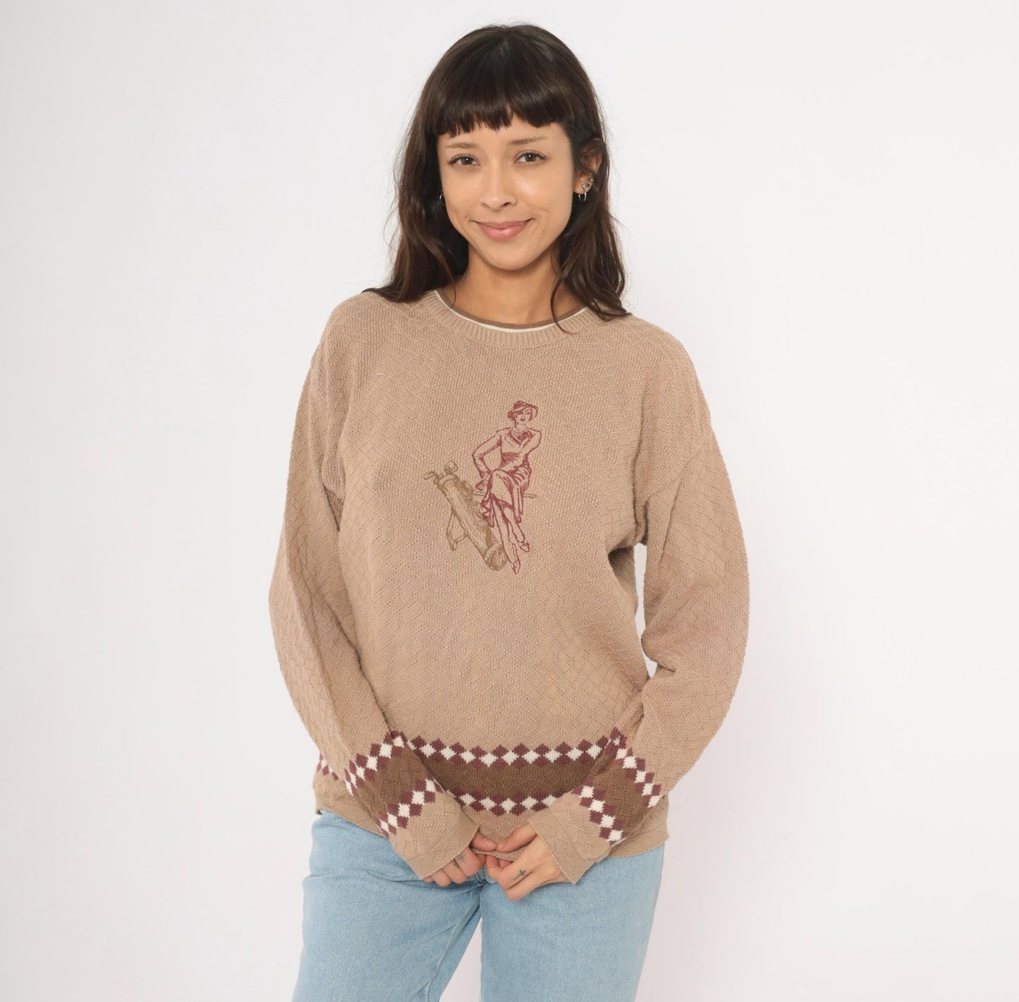 80s Pacific Coast Golf Embroidered Argyle Sweater Tan Crewneck Cotton Medium M