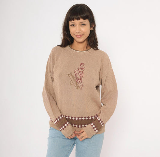 80s Pacific Coast Golf Embroidered Argyle Sweater Tan Crewneck Cotton Medium M