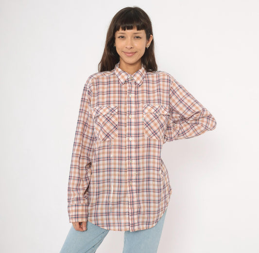 80s Levi Strauss Plaid Flannel Shirt White Navy Red Cotton Large L