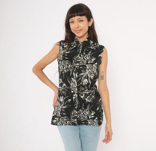 70s Black White Botanical Sleeveless Blouse Pointed Collar Tunic Medium